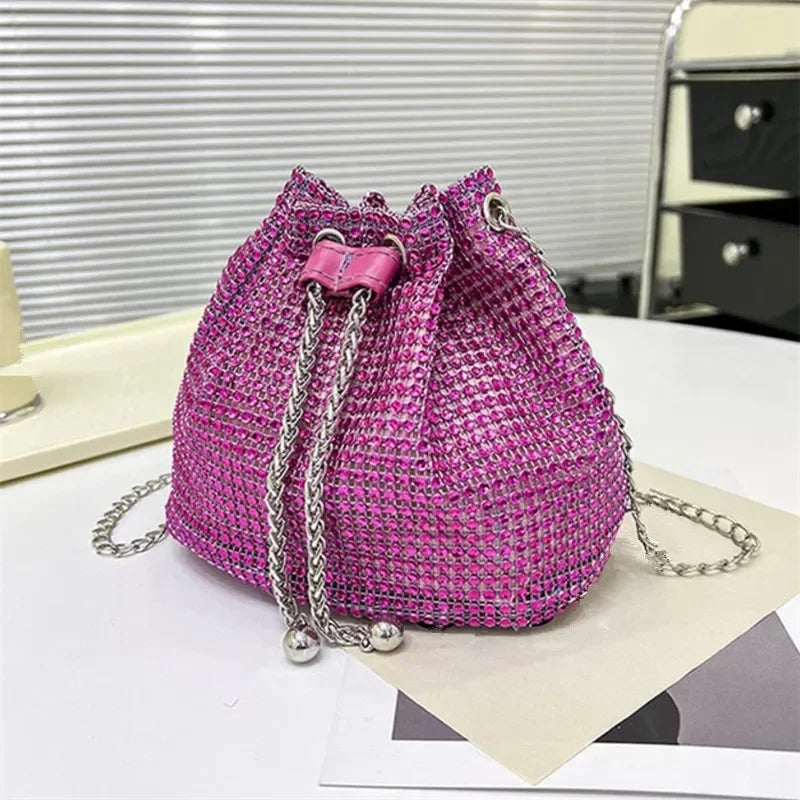 Womens Rhinestone Dinner Bag Sparkling Drawstring Chain Bucket Shoulder Crossbody Bags for Women Daily Christmas Party Banquet