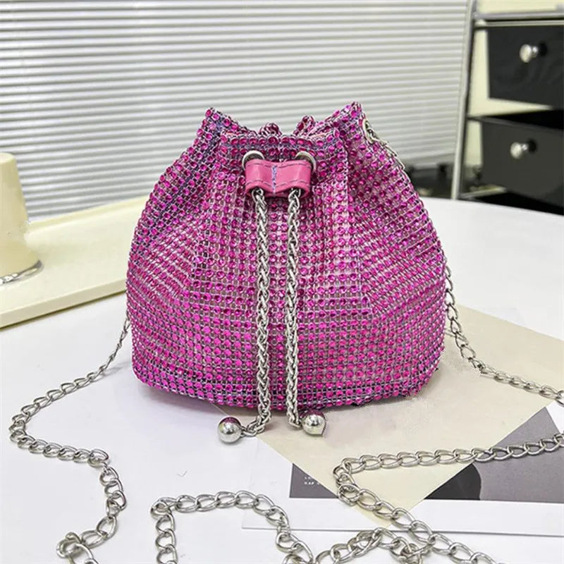 Womens Rhinestone Dinner Bag Sparkling Drawstring Chain Bucket Shoulder Crossbody Bags for Women Daily Christmas Party Banquet