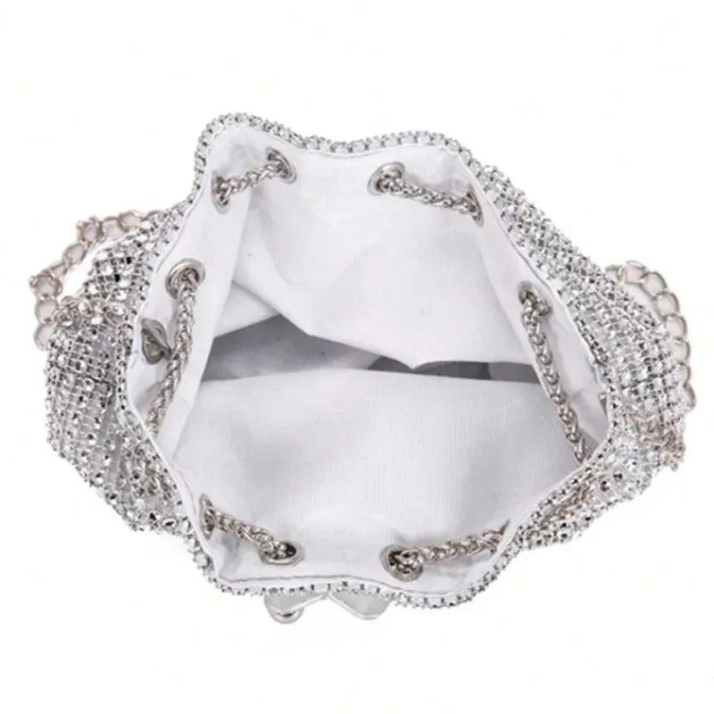 Womens Rhinestone Dinner Bag Sparkling Drawstring Chain Bucket Shoulder Crossbody Bags for Women Daily Christmas Party Banquet