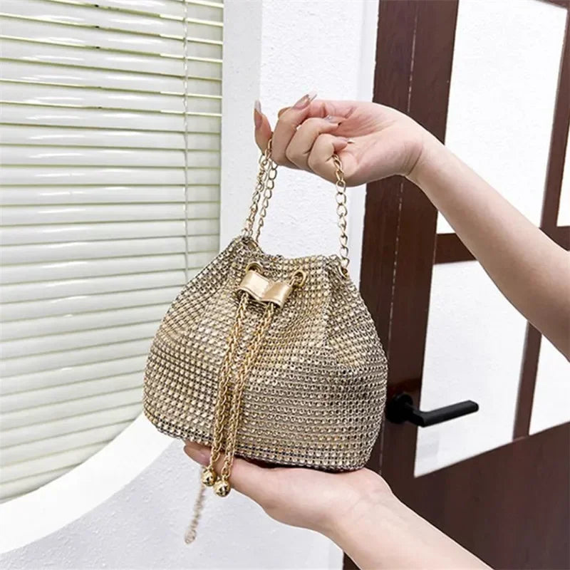 Womens Rhinestone Dinner Bag Sparkling Drawstring Chain Bucket Shoulder Crossbody Bags for Women Daily Christmas Party Banquet