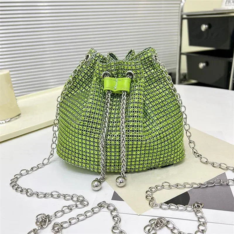 Womens Rhinestone Dinner Bag Sparkling Drawstring Chain Bucket Shoulder Crossbody Bags for Women Daily Christmas Party Banquet