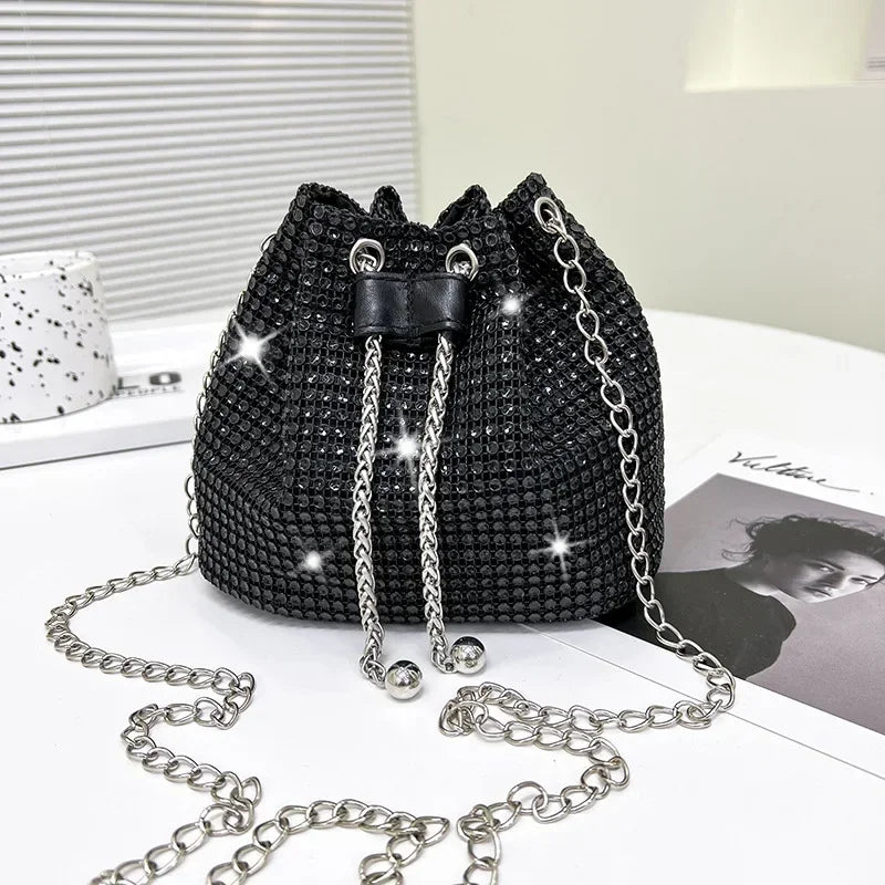 Womens Rhinestone Dinner Bag Sparkling Drawstring Chain Bucket Shoulder Crossbody Bags for Women Daily Christmas Party Banquet