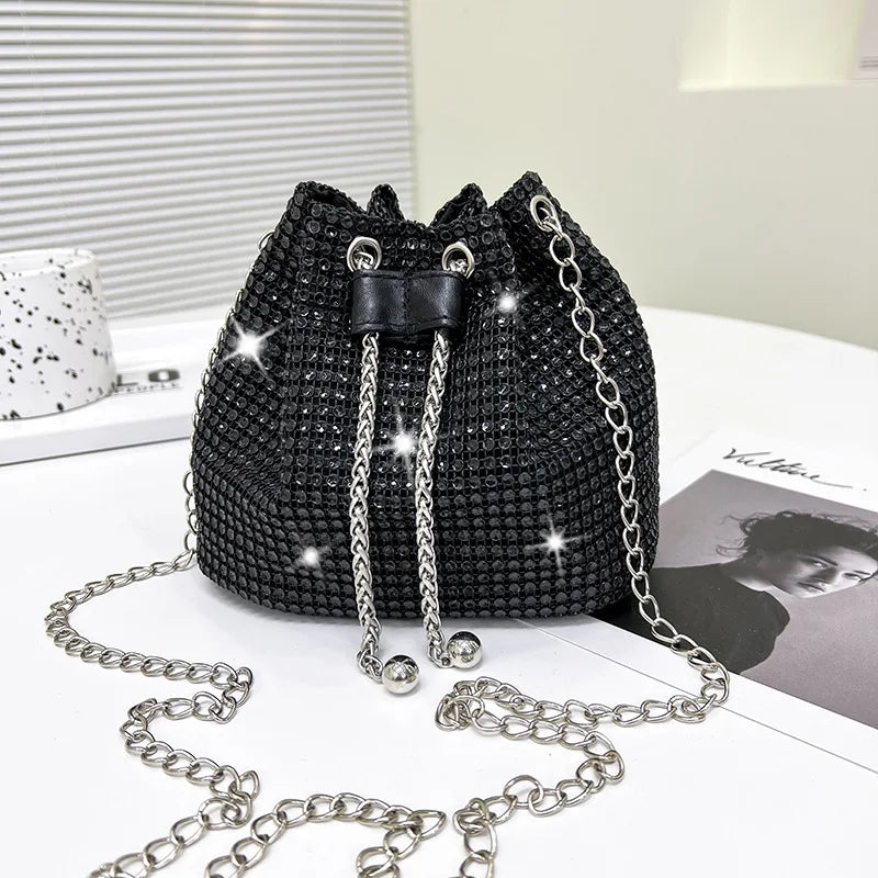 Womens Rhinestone Dinner Bag Sparkling Drawstring Chain Bucket Shoulder Crossbody Bags for Women Daily Christmas Party Banquet