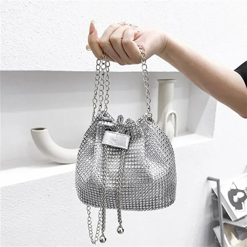 Womens Rhinestone Dinner Bag Sparkling Drawstring Chain Bucket Shoulder Crossbody Bags for Women Daily Christmas Party Banquet