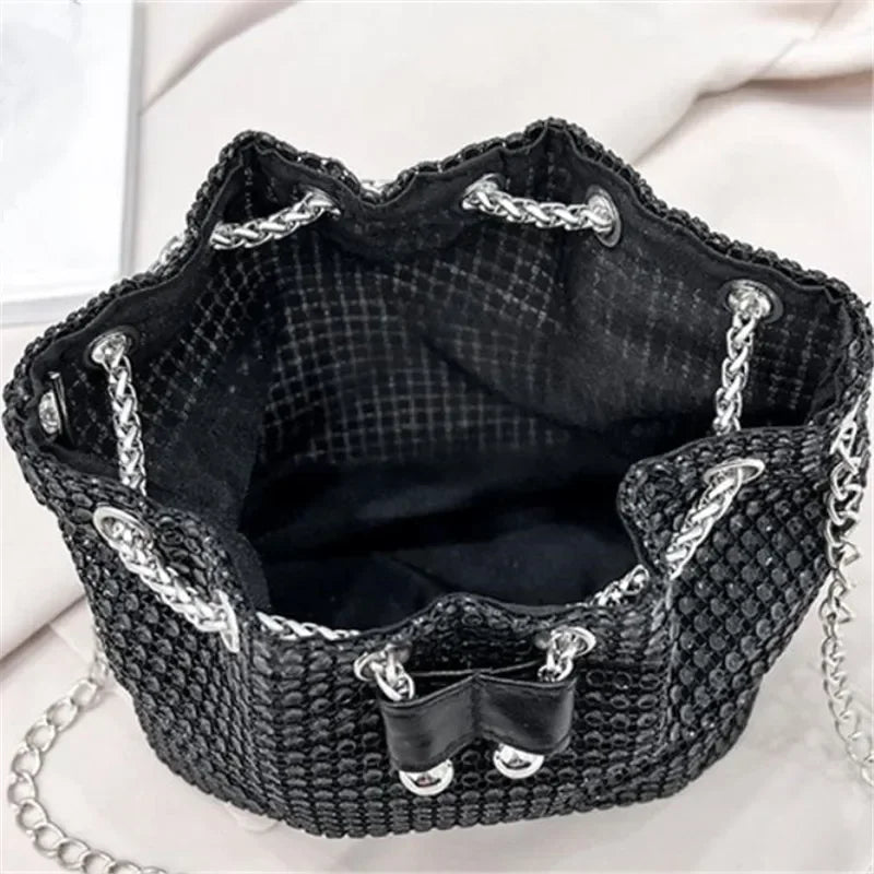 Womens Rhinestone Dinner Bag Sparkling Drawstring Chain Bucket Shoulder Crossbody Bags for Women Daily Christmas Party Banquet