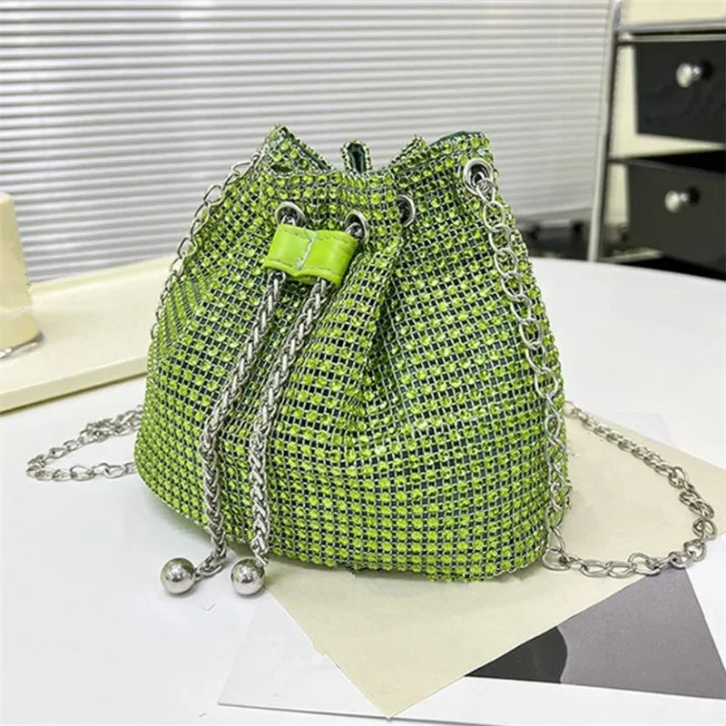 Womens Rhinestone Dinner Bag Sparkling Drawstring Chain Bucket Shoulder Crossbody Bags for Women Daily Christmas Party Banquet