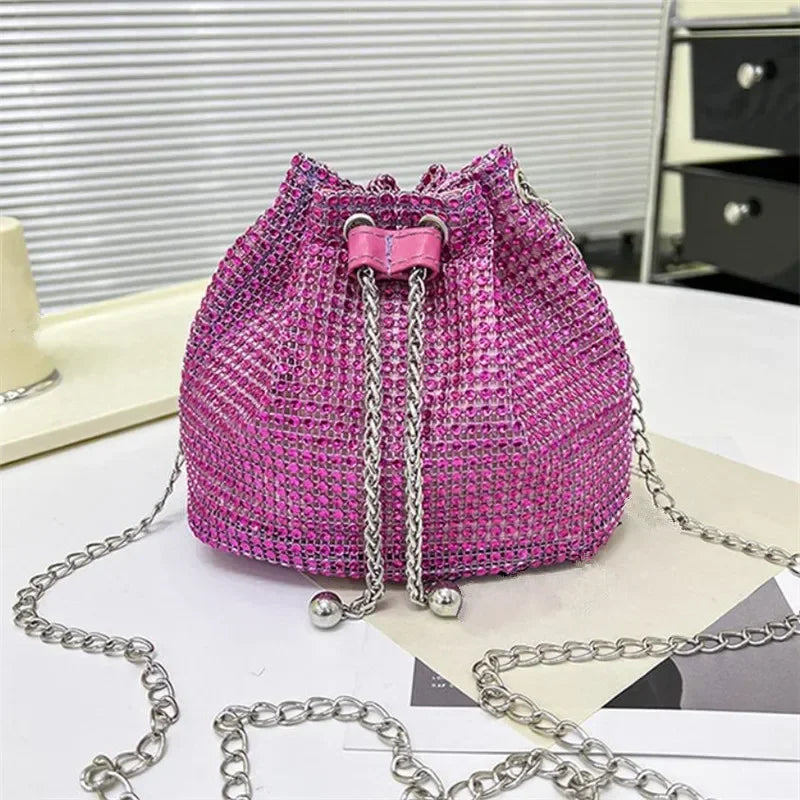 Womens Rhinestone Dinner Bag Sparkling Drawstring Chain Bucket Shoulder Crossbody Bags for Women Daily Christmas Party Banquet