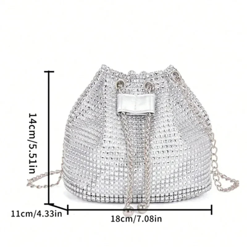Womens Rhinestone Dinner Bag Sparkling Drawstring Chain Bucket Shoulder Crossbody Bags for Women Daily Christmas Party Banquet