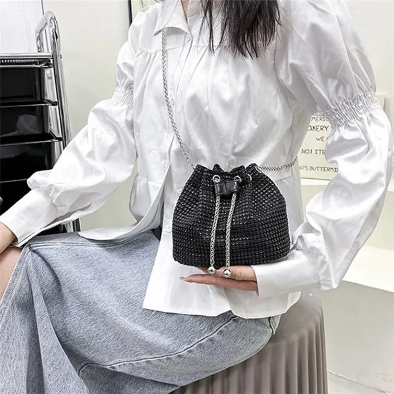 Womens Rhinestone Dinner Bag Sparkling Drawstring Chain Bucket Shoulder Crossbody Bags for Women Daily Christmas Party Banquet