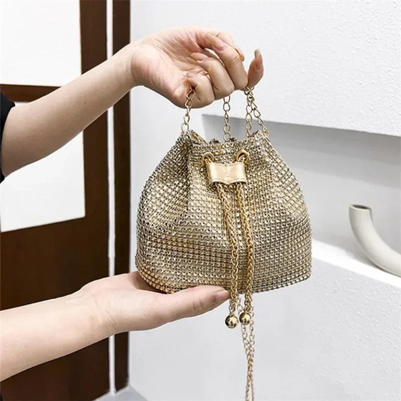 Womens Rhinestone Dinner Bag Sparkling Drawstring Chain Bucket Shoulder Crossbody Bags for Women Daily Christmas Party Banquet