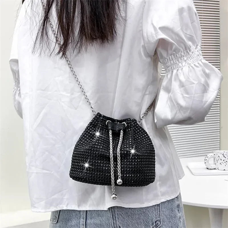 Womens Rhinestone Dinner Bag Sparkling Drawstring Chain Bucket Shoulder Crossbody Bags for Women Daily Christmas Party Banquet