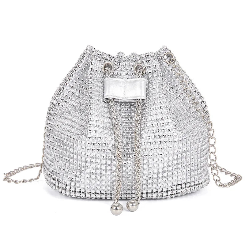 Womens Rhinestone Dinner Bag Sparkling Drawstring Chain Bucket Shoulder Crossbody Bags for Women Daily Christmas Party Banquet