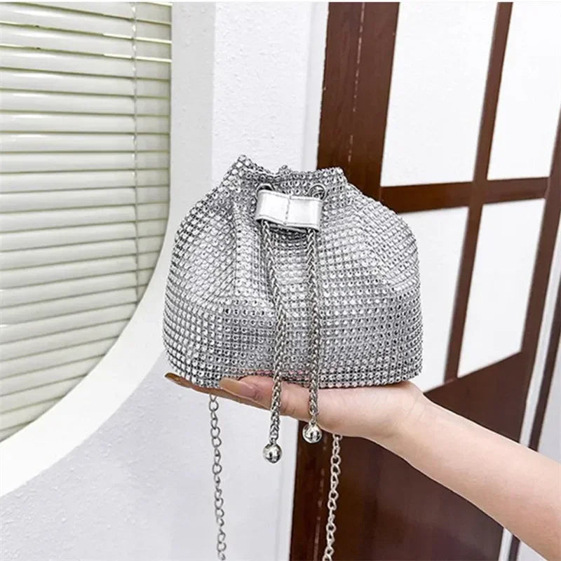 Womens Rhinestone Dinner Bag Sparkling Drawstring Chain Bucket Shoulder Crossbody Bags for Women Daily Christmas Party Banquet