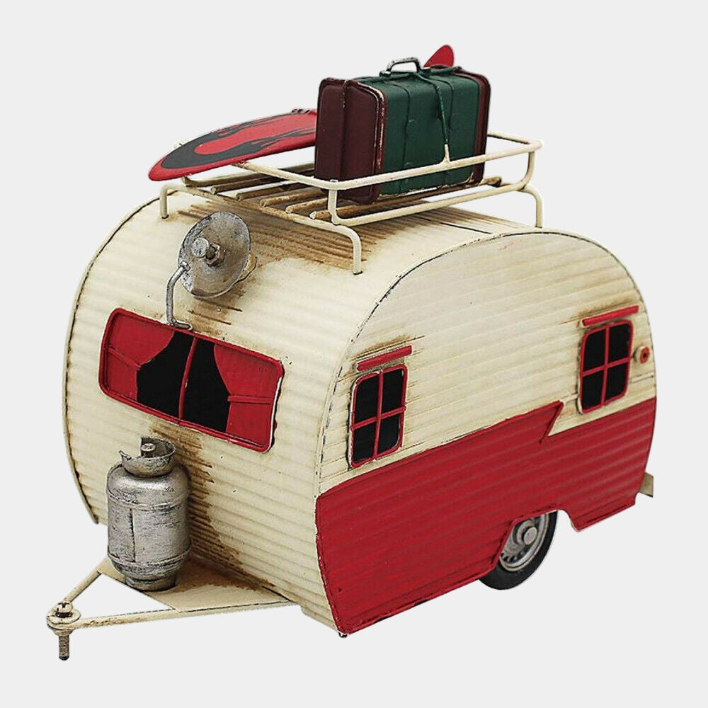Metal Tin Vintage Effect Caravan Cream & Rede Camper Trailer Caravan - CeeKay Traders UK