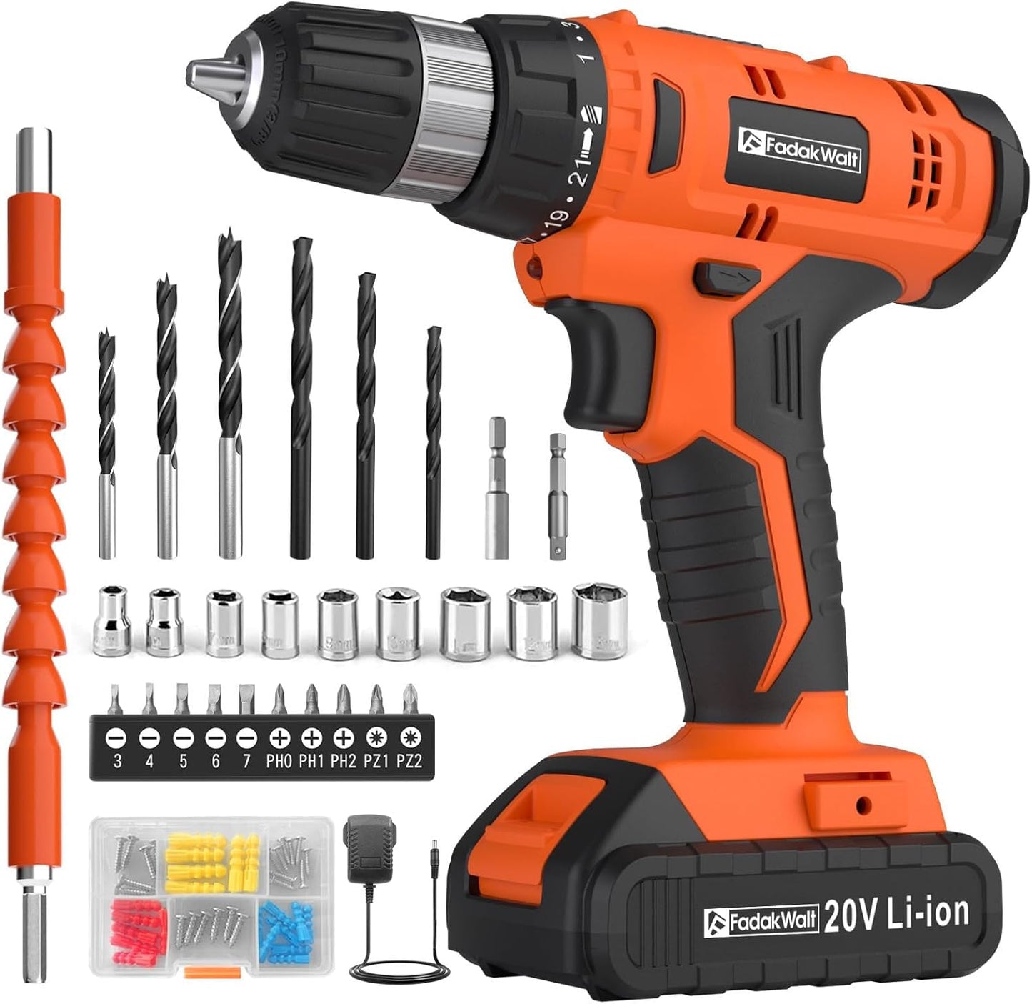 20V Cordless Drill Set Powerful Drill bit Sets,Torque 30N,21+1 Torque Setting,3/8” inch Keyless Chuck, 40pcs,Electric Drill with 2.0AH Li-Ion Battery and LED Light.