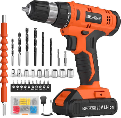 20V Cordless Drill Set Powerful Drill bit Sets,Torque 30N,21+1 Torque Setting,3/8” inch Keyless Chuck, 40pcs,Electric Drill with 2.0AH Li-Ion Battery and LED Light.