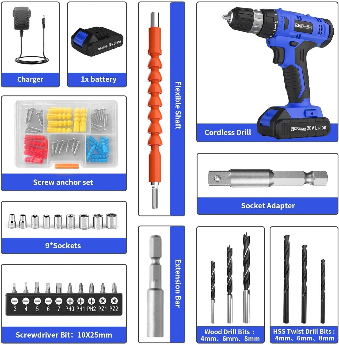 20V Cordless Drill Set Powerful Drill bit Sets,Torque 30N,21+1 Torque Setting,3/8” inch Keyless Chuck, 40pcs,Electric Drill with 2.0AH Li-Ion Battery and LED Light.