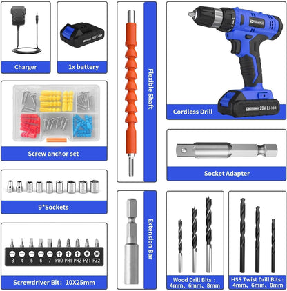 20V Cordless Drill Set Powerful Drill bit Sets,Torque 30N,21+1 Torque Setting,3/8” inch Keyless Chuck, 40pcs,Electric Drill with 2.0AH Li-Ion Battery and LED Light.