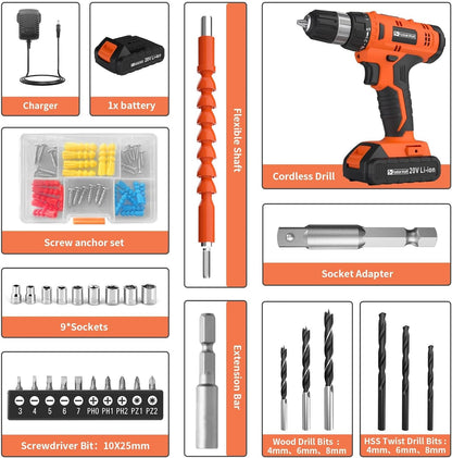 20V Cordless Drill Set Powerful Drill bit Sets,Torque 30N,21+1 Torque Setting,3/8” inch Keyless Chuck, 40pcs,Electric Drill with 2.0AH Li-Ion Battery and LED Light.