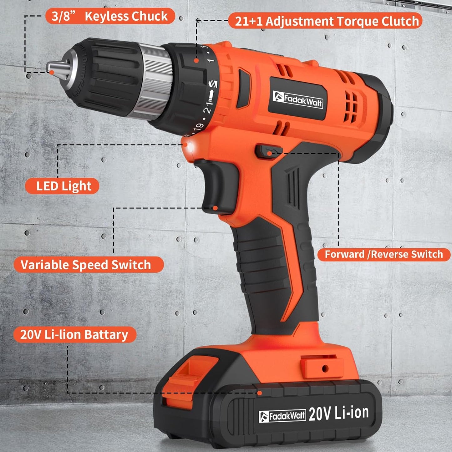 20V Cordless Drill Set Powerful Drill bit Sets,Torque 30N,21+1 Torque Setting,3/8” inch Keyless Chuck, 40pcs,Electric Drill with 2.0AH Li-Ion Battery and LED Light.