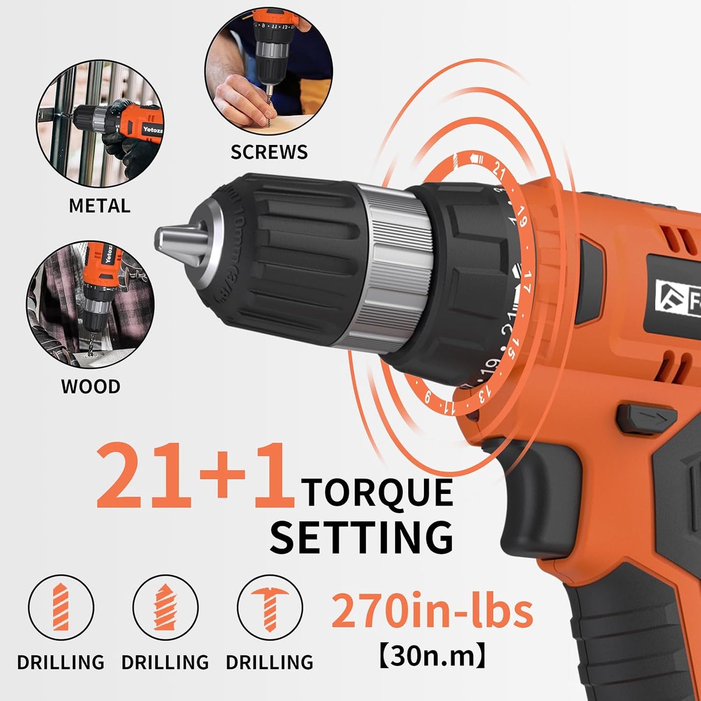 20V Cordless Drill Set Powerful Drill bit Sets,Torque 30N,21+1 Torque Setting,3/8” inch Keyless Chuck, 40pcs,Electric Drill with 2.0AH Li-Ion Battery and LED Light.