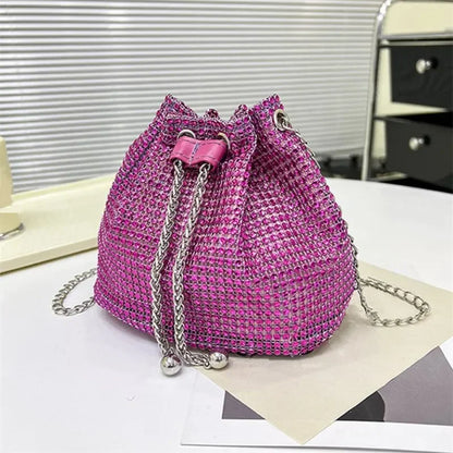 Womens Rhinestone Dinner Bag Sparkling Drawstring Chain Bucket Shoulder Crossbody Bags for Women Daily Christmas Party Banquet