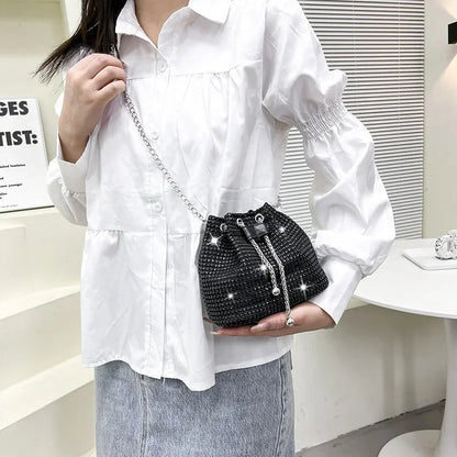 Womens Rhinestone Dinner Bag Sparkling Drawstring Chain Bucket Shoulder Crossbody Bags for Women Daily Christmas Party Banquet
