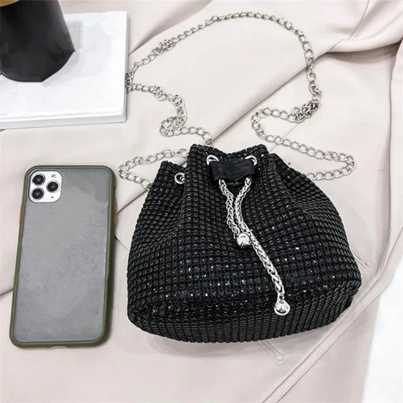 Womens Rhinestone Dinner Bag Sparkling Drawstring Chain Bucket Shoulder Crossbody Bags for Women Daily Christmas Party Banquet