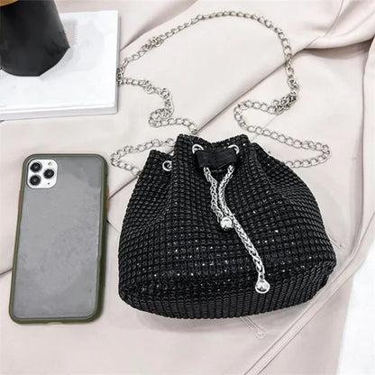 Womens Rhinestone Dinner Bag Sparkling Drawstring Chain Bucket Shoulder Crossbody Bags for Women Daily Christmas Party Banquet