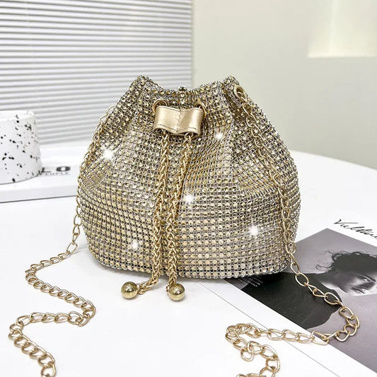Womens Rhinestone Dinner Bag Sparkling Drawstring Chain Bucket Shoulder Crossbody Bags for Women Daily Christmas Party Banquet