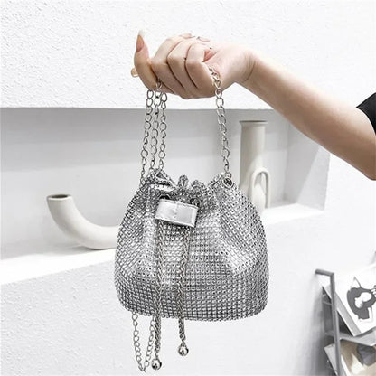 Womens Rhinestone Dinner Bag Sparkling Drawstring Chain Bucket Shoulder Crossbody Bags for Women Daily Christmas Party Banquet