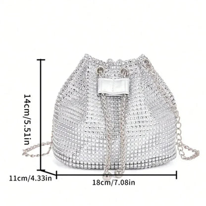 Womens Rhinestone Dinner Bag Sparkling Drawstring Chain Bucket Shoulder Crossbody Bags for Women Daily Christmas Party Banquet