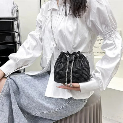 Womens Rhinestone Dinner Bag Sparkling Drawstring Chain Bucket Shoulder Crossbody Bags for Women Daily Christmas Party Banquet