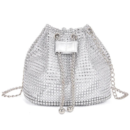 Womens Rhinestone Dinner Bag Sparkling Drawstring Chain Bucket Shoulder Crossbody Bags for Women Daily Christmas Party Banquet