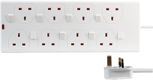 8 Way Individually Switched Extension Lead, 2m, White- - CeeKay Traders UK