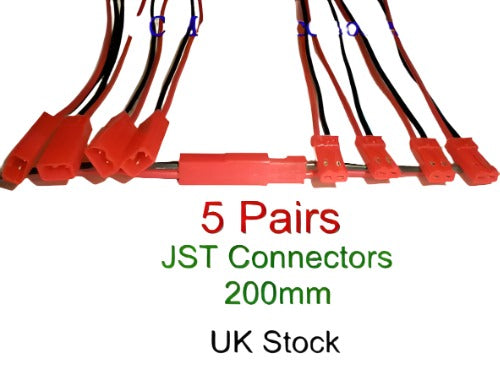 JST Connectors 5 Pair Lipo Battery Charger Cable & Wire 200mm Long - CeeKay Traders UK